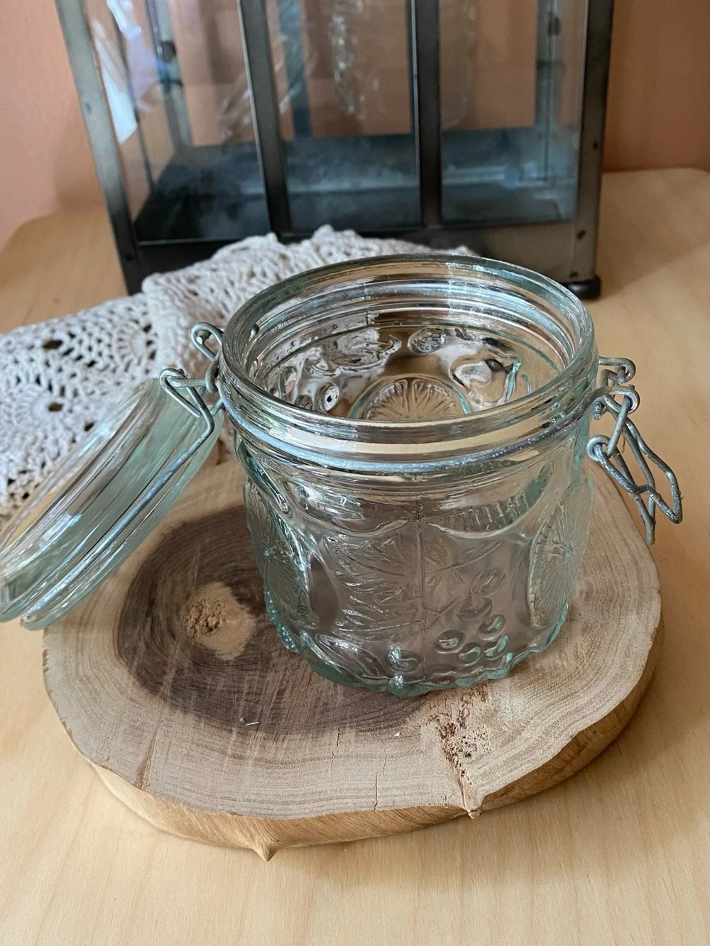 Glass Clamp-Lid Storage Jar Vintage embossed Decor